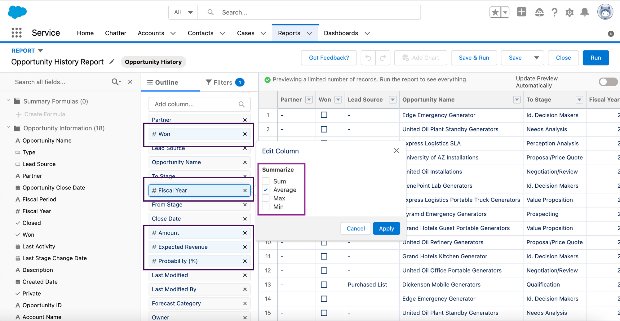 screenshot of Salesforce report being edited. The column containing the report fields is shown, and the blue number fields are highlighted in a box.